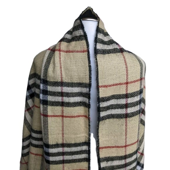Code Scarf / Wrap / Shawl Plaid Beige Fringe Unisex Reversible Neckwear Pockets - Picture 9 of 10
